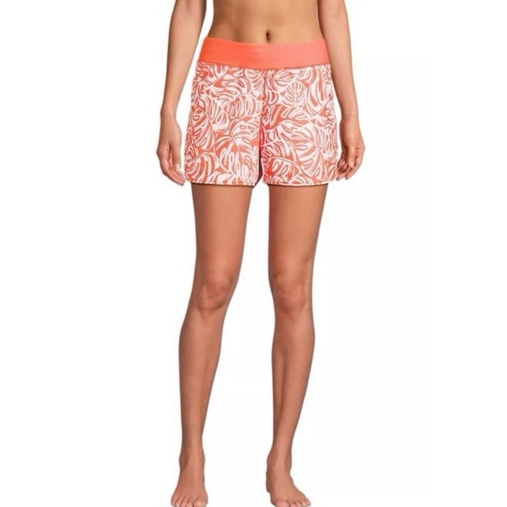 Lands' End Sun Shade UPF 50 Orange Mini Tropic Leaves Swim Board Shorts 18W NWOT